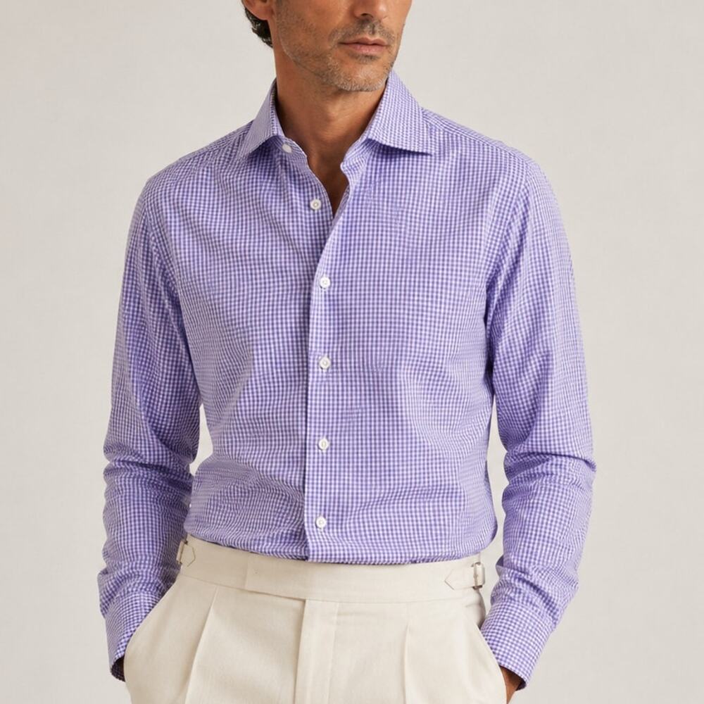 Barba Napoli Handmade Dress Shirt Purple mini check size 15 1/2